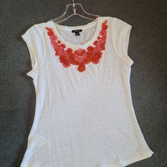 Ann Taylor Linen Top Coral Bead Embroidery - Picture 2 of 4